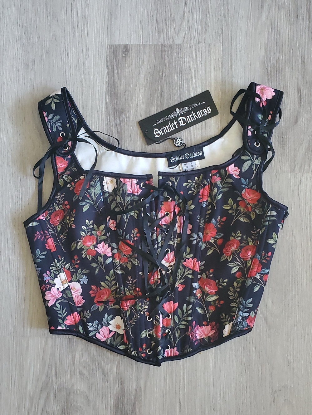 Black Floral Lace-Up Corset Top - Size 8 - Fantasy Outfit